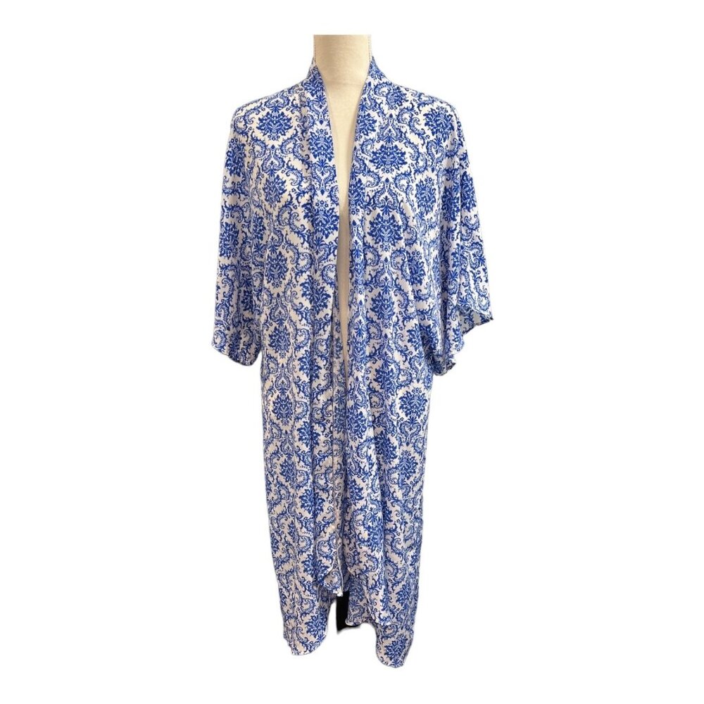Modcloth Swim Bea & Do Kimono  Womens M Cover Up Robe Open Front‎ White Blue